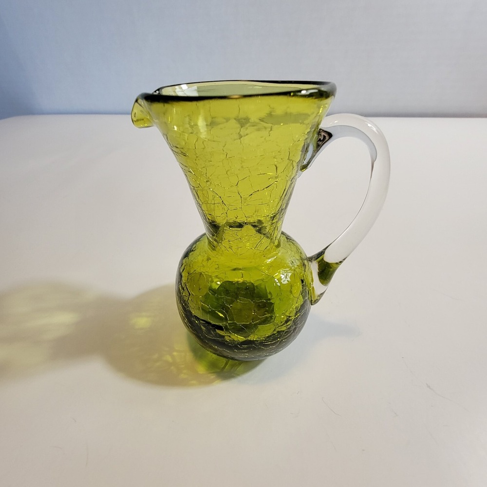 Vintage Pilgrim Crackle Green Glass Hand Blow. Pitcher With Applied Clear Handle